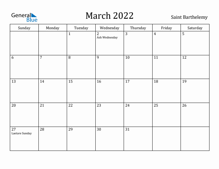 March 2022 Calendar Saint Barthelemy