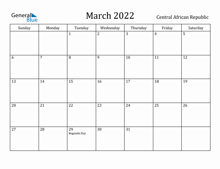 March 2022 Calendar Central African Republic