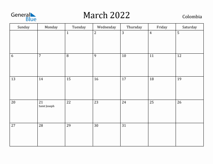 March 2022 Calendar Colombia
