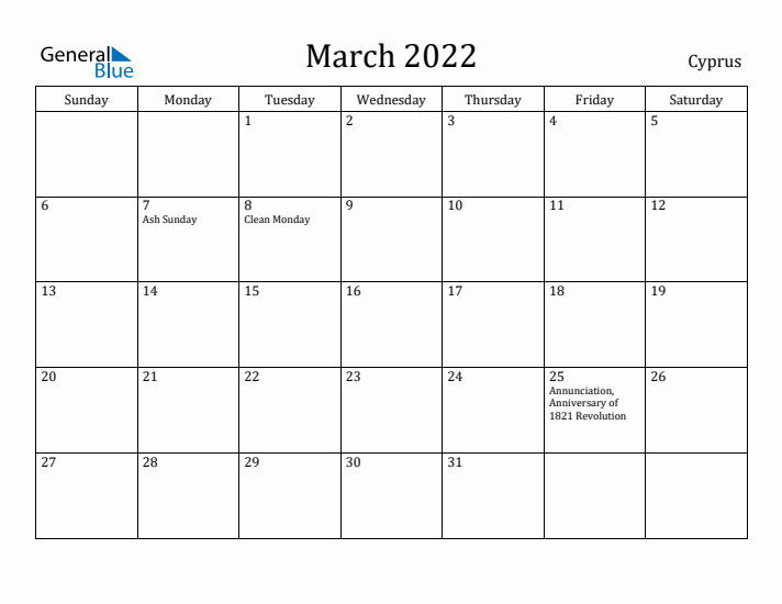 March 2022 Calendar Cyprus