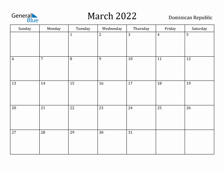 March 2022 Calendar Dominican Republic