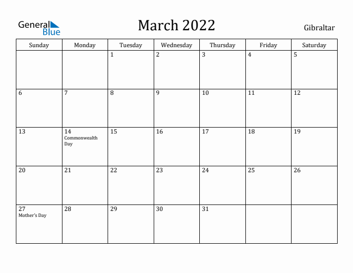 March 2022 Calendar Gibraltar