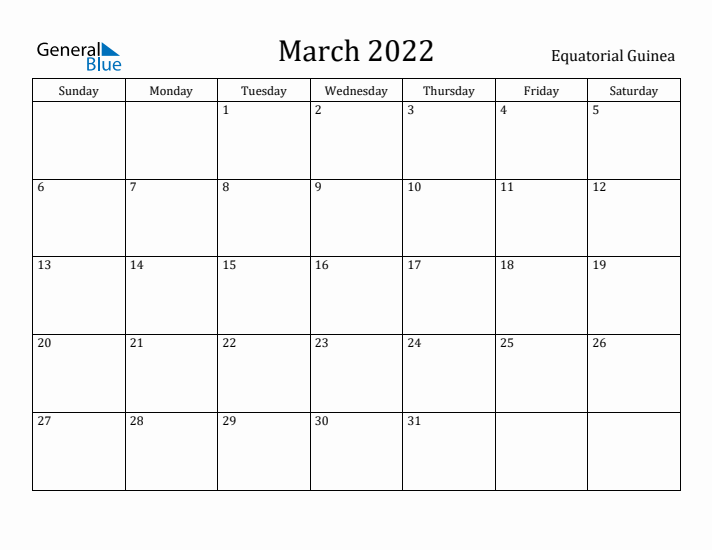 March 2022 Calendar Equatorial Guinea