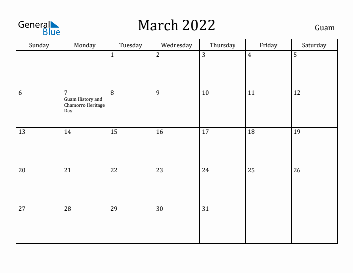 March 2022 Calendar Guam