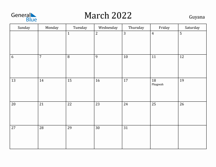 March 2022 Calendar Guyana