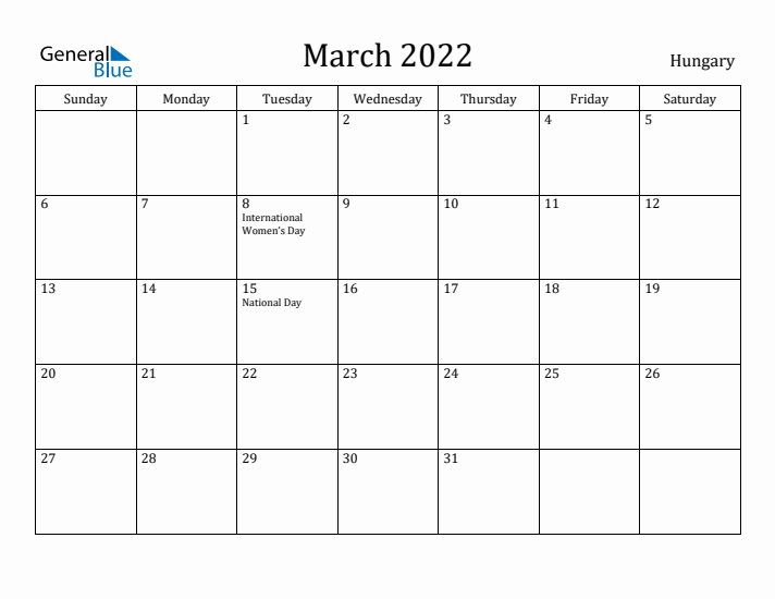March 2022 Calendar Hungary