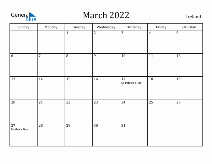 March 2022 Calendar Ireland