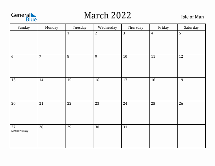 March 2022 Calendar Isle of Man