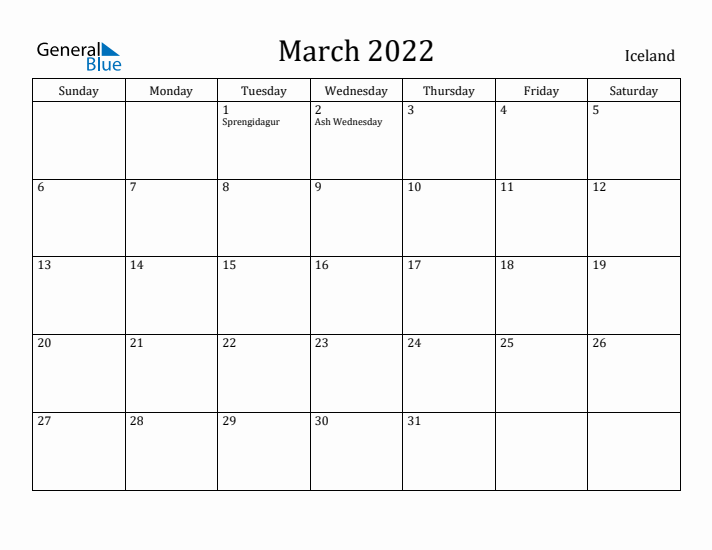 March 2022 Calendar Iceland