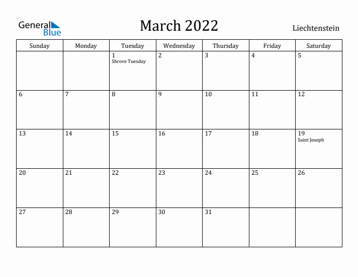 March 2022 Calendar Liechtenstein