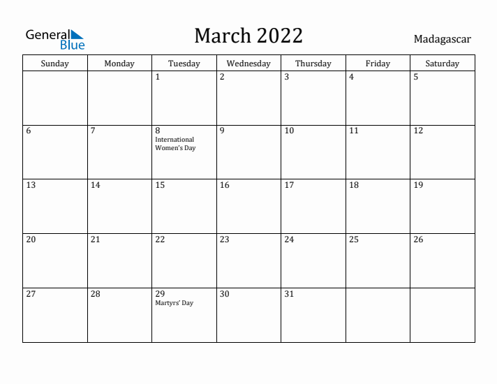 March 2022 Calendar Madagascar