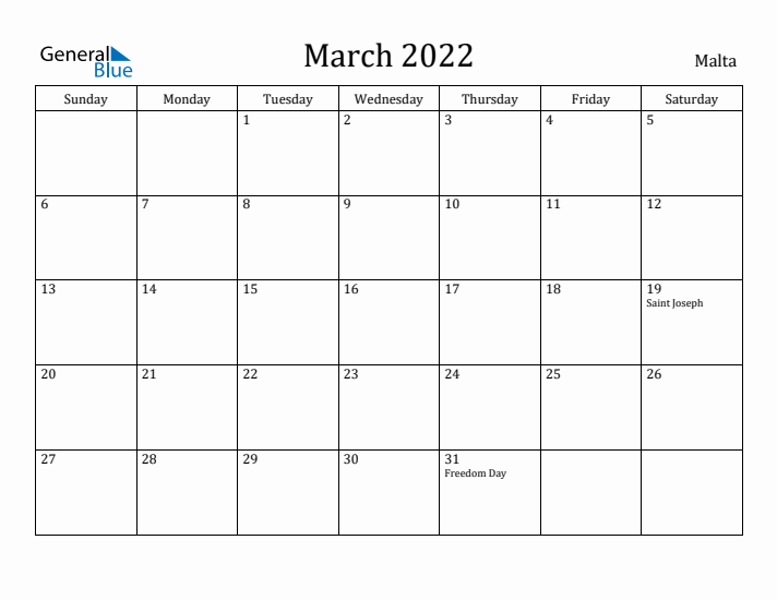 March 2022 Calendar Malta