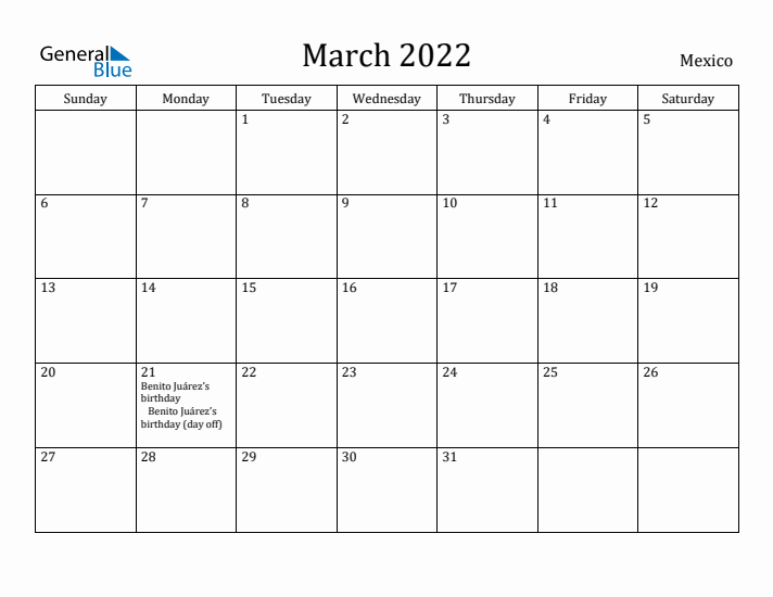 March 2022 Calendar Mexico