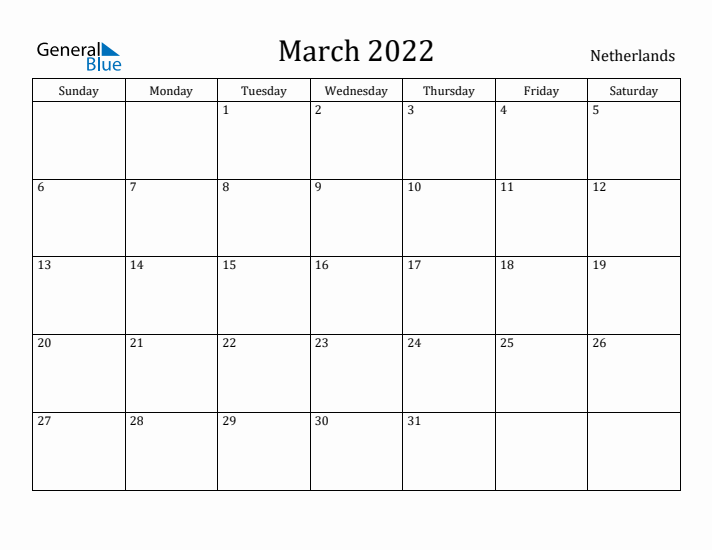 March 2022 Calendar The Netherlands