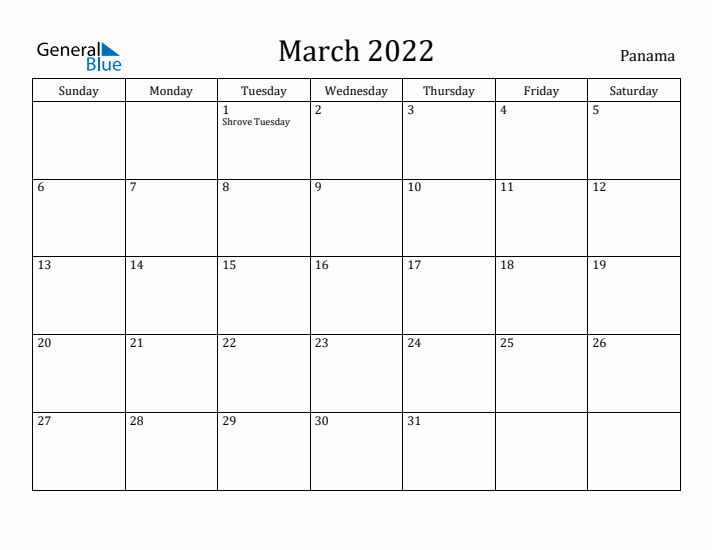 March 2022 Calendar Panama