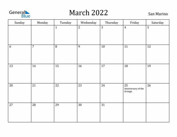 March 2022 Calendar San Marino
