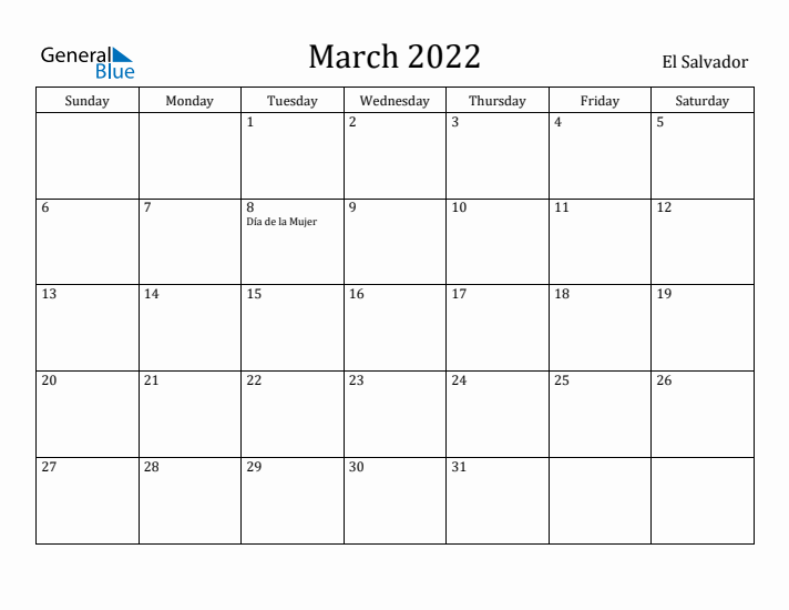 March 2022 Calendar El Salvador