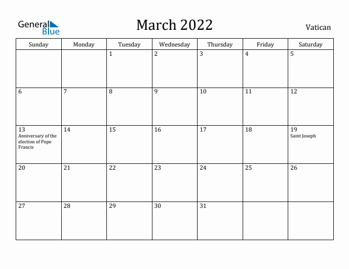 March 2022 Calendar Vatican