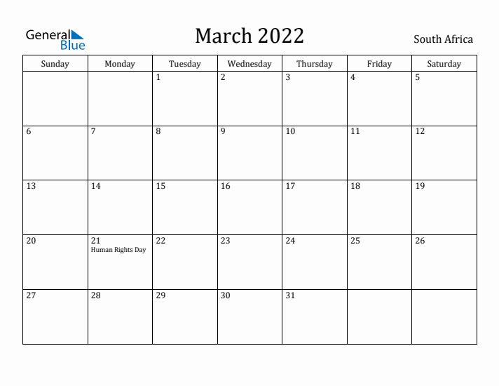 March 2022 Monthly Calendar With South Africa Holidays