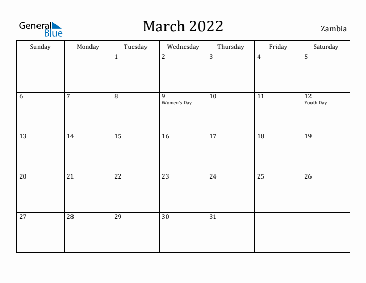 March 2022 Calendar Zambia