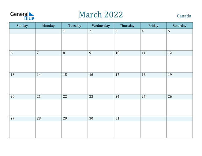 March 2022 Calendar Canada Printable.Canada March 2022 Calendar With Holidays