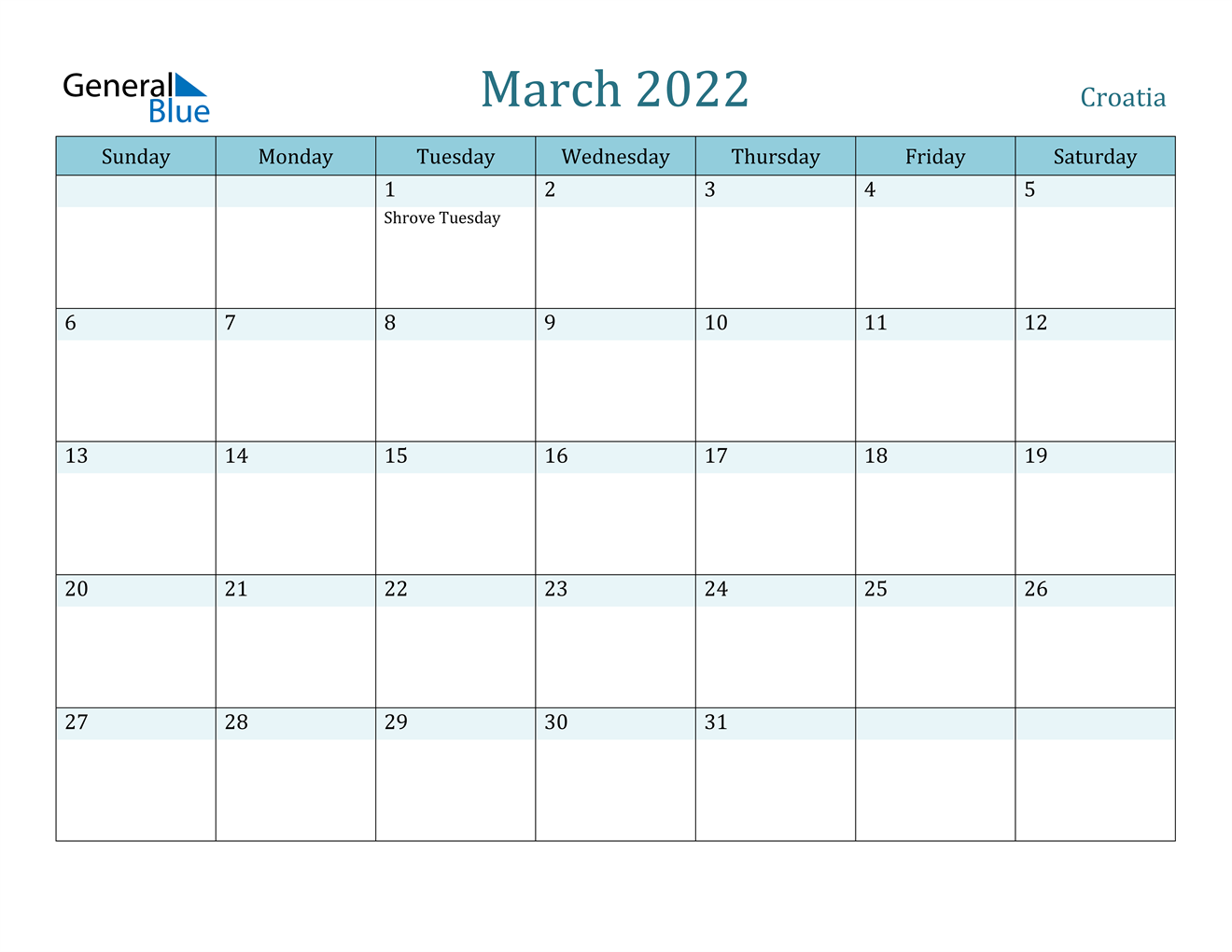 march 2022 calendar croatia