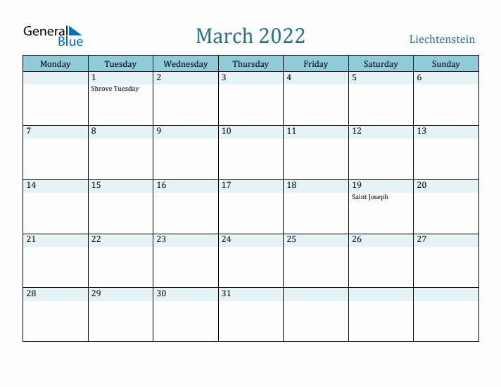 March 2022 Calendar with Holidays
