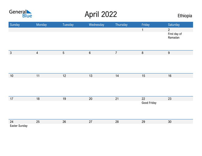 Ethiopia April 2022 Calendar with Holidays