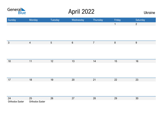 Ukraine April 2022 Calendar with Holidays