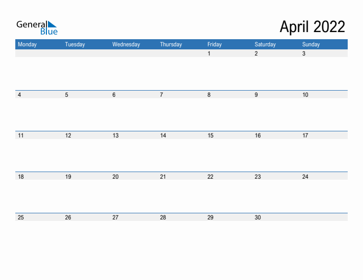 Fillable Calendar for April 2022