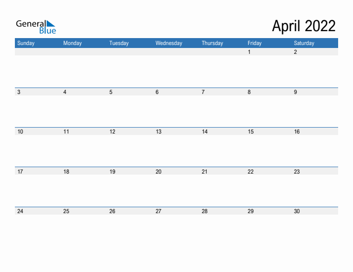 Fillable Calendar for April 2022