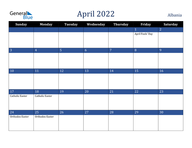 April 2022 Albania Calendar