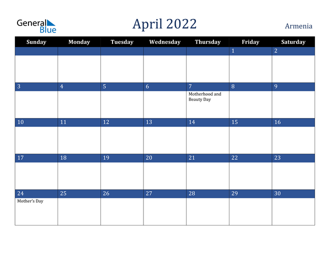 April 2022 Armenia Calendar