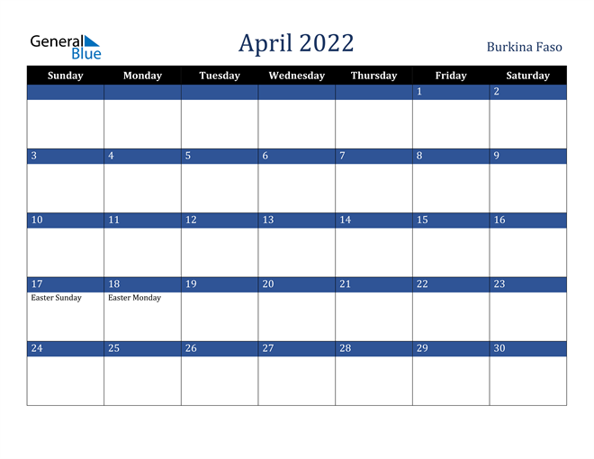 April 2022 Burkina Faso Calendar