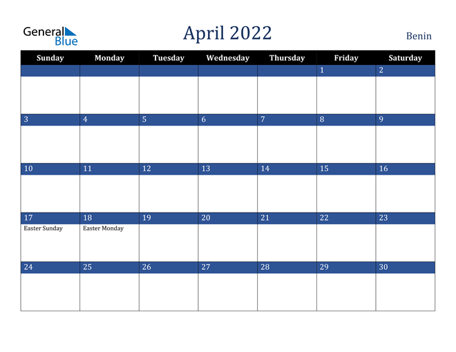 April 2022 Benin Calendar