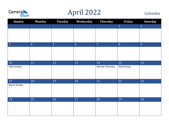 April 2022 Colombia Calendar