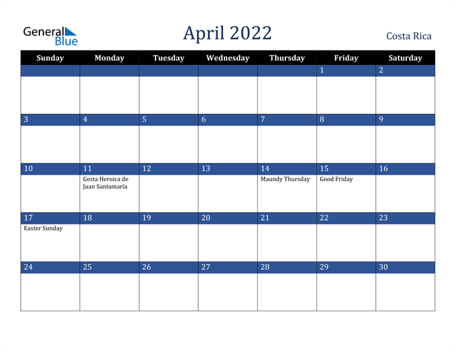 April 2022 Costa Rica Calendar