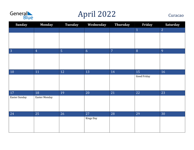 April 2022 Curacao Calendar