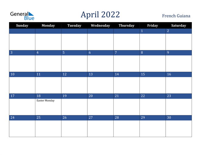 April 2022 French Guiana Calendar
