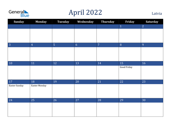 April 2022 Latvia Calendar