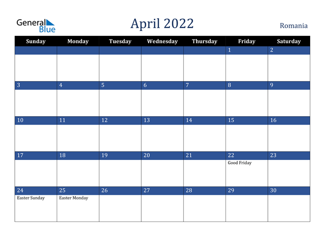 romania april 2022 calendar with holidays