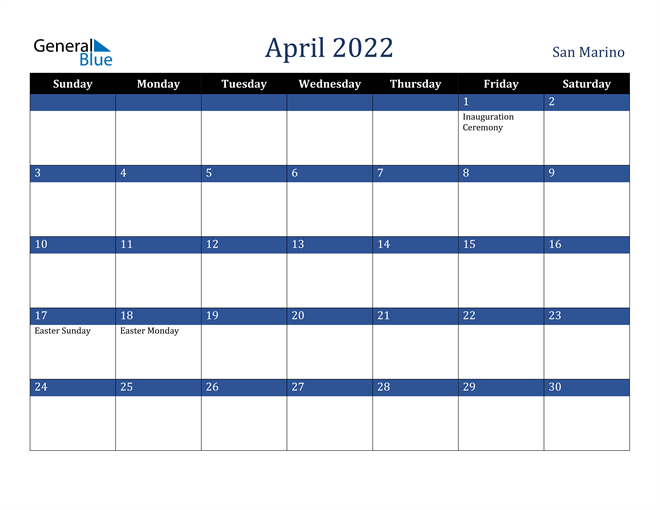 April 2022 San Marino Calendar
