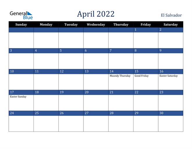 April 2022 El Salvador Calendar