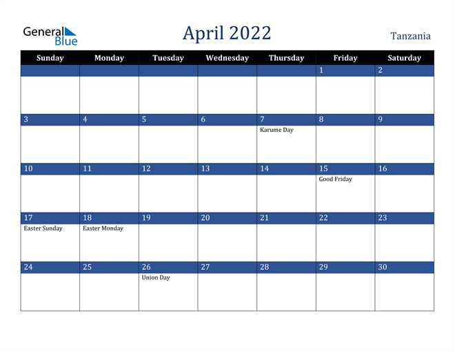 April 2022 Tanzania Calendar