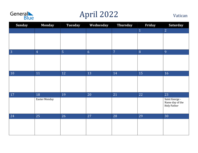 April 2022 Vatican Calendar