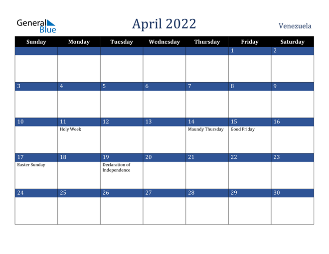 April 2022 Venezuela Calendar