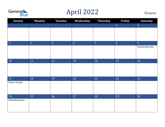 April 2022 Kosovo Calendar