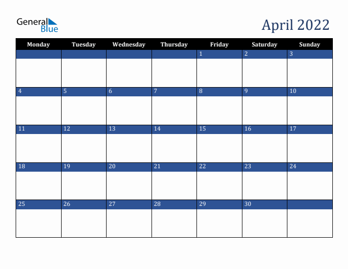Monday Start Calendar for April 2022