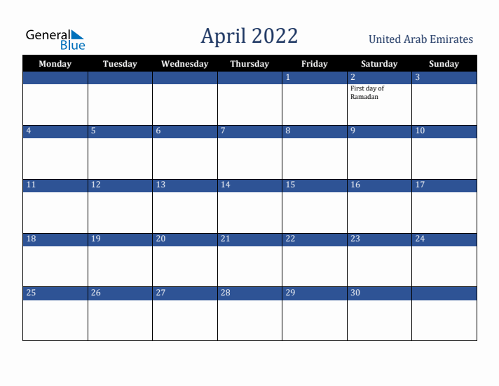 April 2022 United Arab Emirates Calendar (Monday Start)