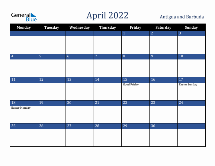April 2022 Antigua and Barbuda Calendar (Monday Start)